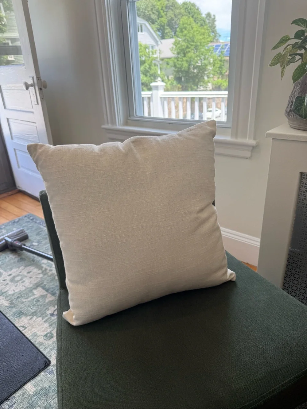 Simplicity Cream Pillow with Gray Text 'Move Over The Dog Sits Here'